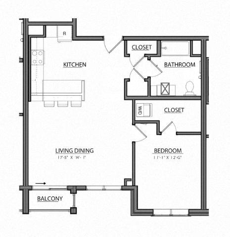 Floor plan for 1 bed, 1 bath, 762 sqft